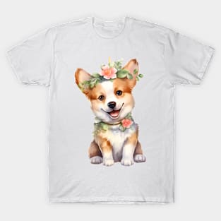 Watercolor Pembroke Welsh Corgi Dog with Head Wreath T-Shirt